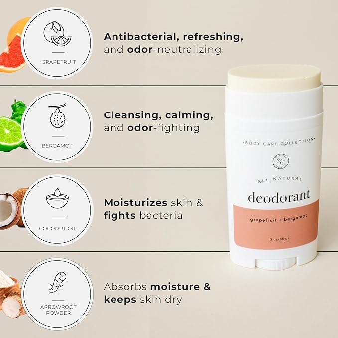 Rowe Casa Organics Grapefruit + Bergamot Deodorant for Men and Women, Sweet and Citrusy Paraben-Free Deodorant Stick with Therapeutic-Grade Essential Oils, 2 oz