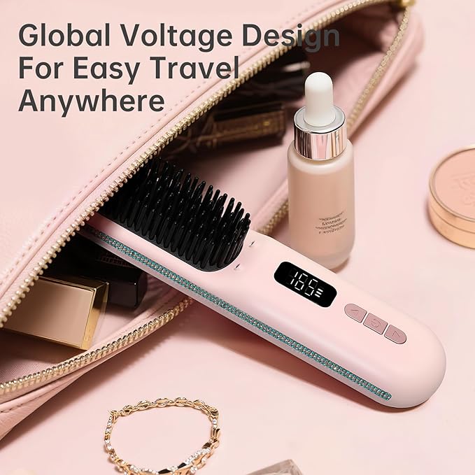 Cordless Hair Straightener Brush, Go Brush Pro, Portable Crystal Diamond Bling Mini Straightening Brush for Travel, Negative Ion Hot Comb with 9 Temps, Anti-Scald Ceramic, Fast Charging for Women