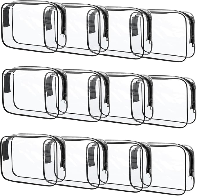 Eilyliafe 12 Pcs Clear Toiletry Bag PVC Waterproof Zippered PVC Cosmetic Makeup Carry Pouch TSA Approved Toiletry Bag for Travel Clear Organizer Storage Bags (Medium, Black)