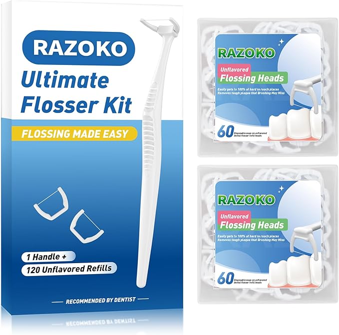 RAZOKO Dental Flosser Kit, Extra Strong Shred-Resistant Floss, for Hard to Reach Areas, PTFE & PFAS Free (1 White Handle + 120 Refills)