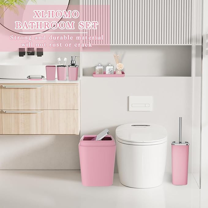 XLHOMO Pink Bathroom Accessories Set, 9PCS Pink Bathroom Accessory Sets Complete with Trash Can, Tray,Soap Dispenser,Soap Dish,Toothbrush Holder,Cup,Toilet Brush and Qtip Holders for Housewarming