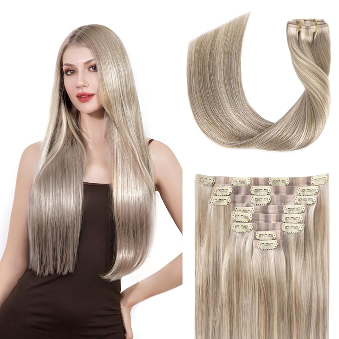 Clip in Hair Extensions Real Human Hair Seamless Clip Ins 100% Remy Hair Extensions PU Skin Weft Add Volume Ash Blonde Highlights Thick&Invisible #P18/613 16Inch 120G 8PCS