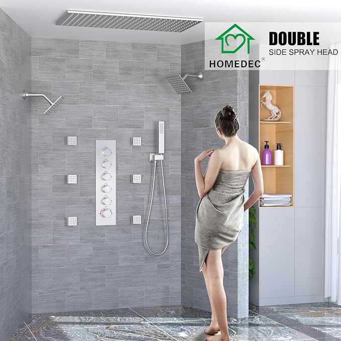 HOMEDEC Dual Side 6" Wall Mounted Shower System, 15.7x31.5" Ceiling Rain Shower, with Handheld and 6 Spray Jets, Brushed Nickel