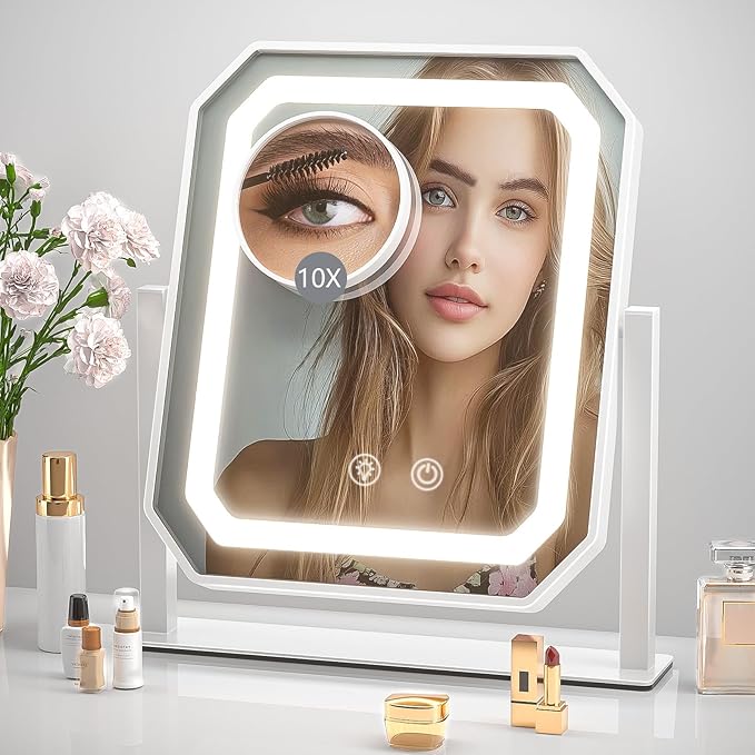 Lighted Makeup Mirror, 12"x10" Hollywood Vanity Mirror with Lights, Brightness Adjustable, Makeup Mirror with Lights,3 Colors, Smart Touch Control, Detachable 10X Magnification for Home/Gift