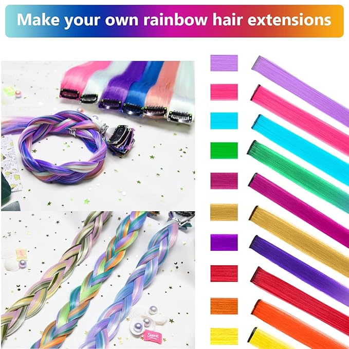 25 PCS Colored Hair Extensions, Colorful Party Highlights Multicolors Clip in Hair Extensions, Rainbow Synthetic Hairpieces for Girls Women Kids Cosplay Party Gift(22 In)