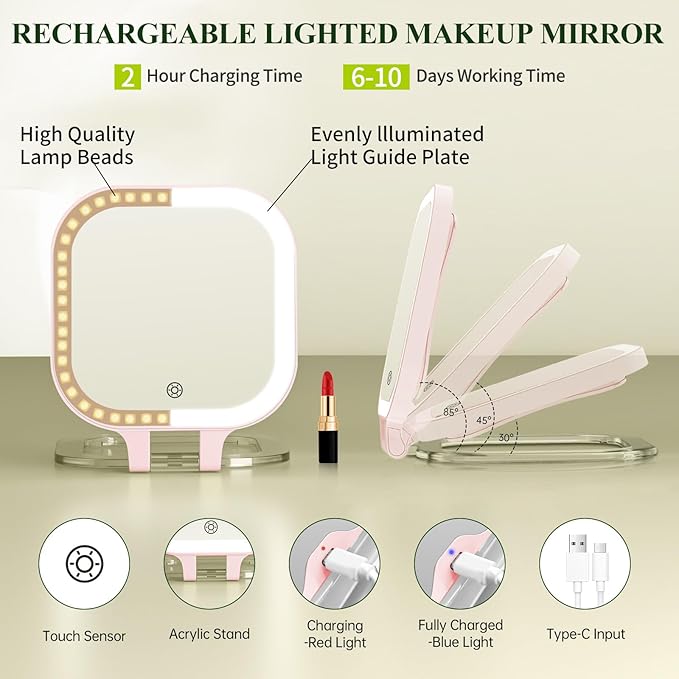 FUNTOUCH 30X Travel Magnifying Mirror with Light, 7" Rechargeable Double Sided Travel Vanity Mirror with Lights, 3 Color Lights & Adjustable Brightness, 300°Rotation, Gift for Women,Pink