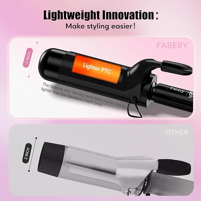 Farery 2 inch Curling Iron For Long Hair, Lightweight Large Barrel Curling Iron 2 Inch, Ceramic Curling Wand Infused Argan Oil & Keratin for Bouncy Big Curls, 9 Temps Digital Display & Lock Key, Glove