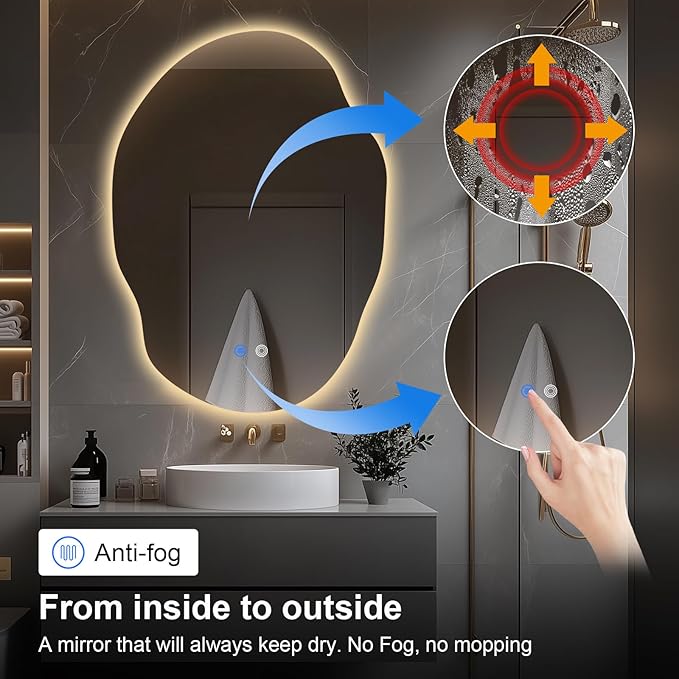 LED Bathroom Mirror with Lights,25x35 in Asymmetrical Led Bathroom Mirror for Wall, Backlit Mirror with Anti-Fog,3 Colors and Dimmable Light,[Horizontal/Vertical]