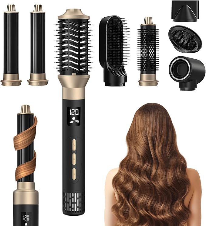 8 in 1 Hair Dryer Brush with Auto‑Curl Chamber – Hot Air Styler & Volumizer, Hair Styler & Dryer in One, Ceramic Ionic Barrel, LCD Temp & Airflow Display