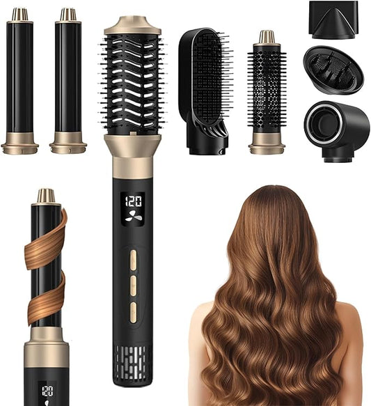 8 in 1 Hair Dryer Brush with Auto‑Curl Chamber – Hot Air Styler & Volumizer, Hair Styler & Dryer in One, Ceramic Ionic Barrel, LCD Temp & Airflow Display