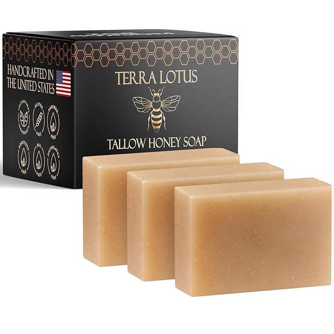 Terra Lotus - Organic Tallow Soap with Organic Castor Oil & Raw Honey - Relief for Dark Spots, Acne Marks, Hydrating & Nourishing - 3 Pack (Citrus)