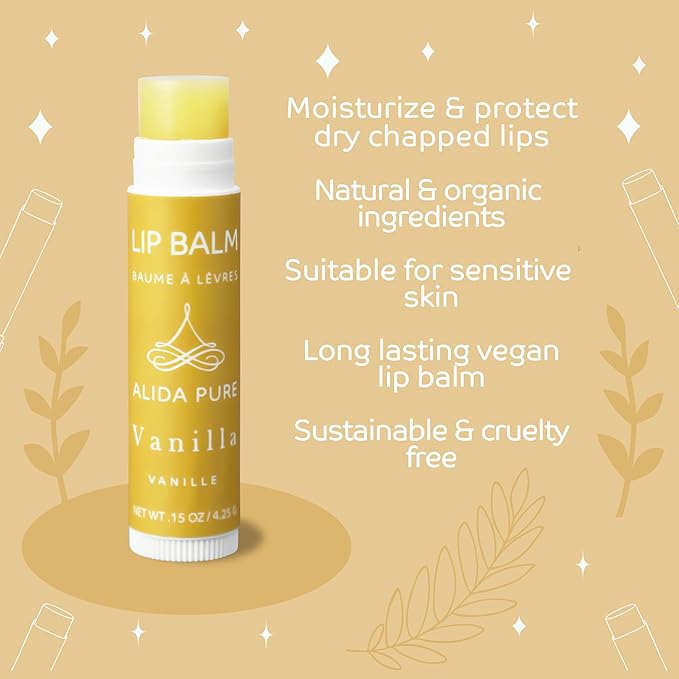 ALIDA PURE Vanilla Lip Balm Collection, Vegan Set, Beeswax Free, with Organic Jojoba and Avocado Oil, Vitamin E, Natural Moisturizer for Dry, Chapped Lips, 3 Tube Set