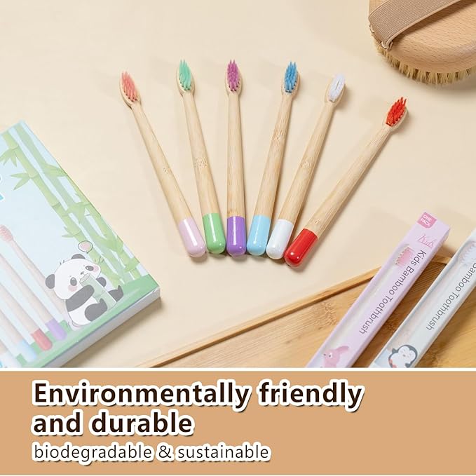 Kids Bamboo Toothbrushes Set, BPA Free Soft PBT Bristles, Natural Eco Friendly Wooden Tooth Brush for Children Toddler, Biodegradable Individual Wrap Travel Toothbrush 6 Pack
