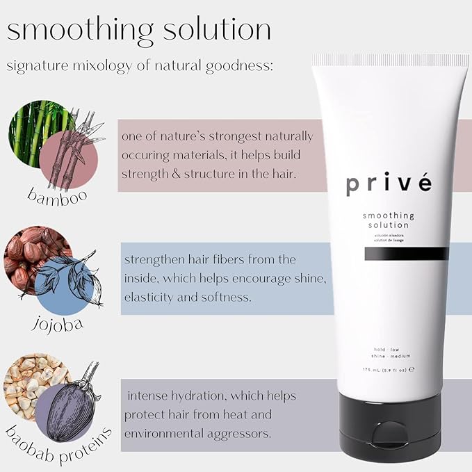Privé Smoothing Solution Hair Gel - Silicone-Free, Frizz Control Hair Care Products - Anti Frizz Styling Gel & Blow Out Shine Enhancer - Leaves Strands Sleek, Soft & Manageable Without Residue (3 oz)
