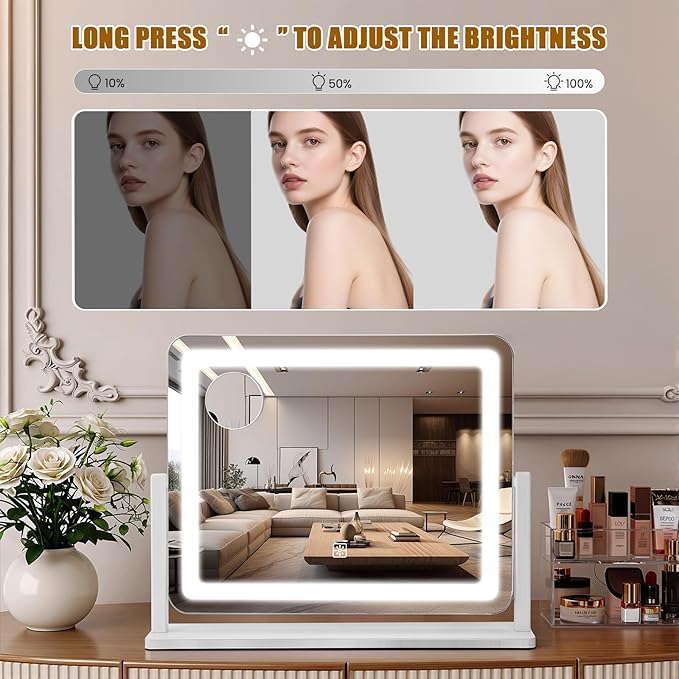 Vanity Mirror with Lights, 16"×12.4" LED Makeup Mirror, Rounded Frame, 10X Magnification, Smart Touch with 3-Color Lighting, Dimmable, 360° Rotation, Lighted Up for Makeup Desk, Bedroom (White)