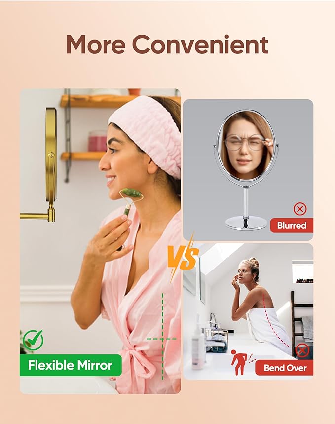 GURUN 8" Rechargeable Wall Mounted Makeup Mirror- 10X Magnifying Mirror with Light | 3 Color LED Lighting & Touch Control | 360° Rotation & Extended Arm | Dual-Sided Bathroom Mirror M1406DGJ(8",10X)