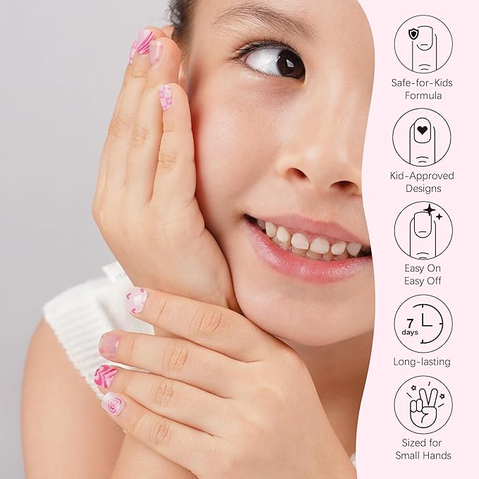 DANNI & TONI Kids Gel Nail Strips Heart Smiling Face Stars Flowers Salon-Quality Peel & Stick Manicure for Children (Age 6+)– Safe, Long-Lasting, Easy to Apply |Heart Glitz