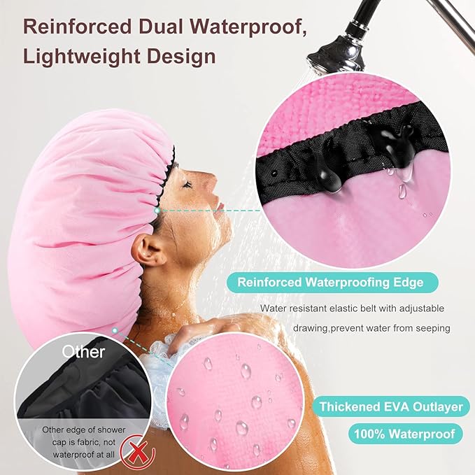 2 Pcs 16.5"Jumbo Adjustable Terry Cloth Lined Shower Caps for Long Hair & Braids, Extra Large Dual Waterproof Hair Cap for Women & Men, Reusable XXL for Dreadlocks, Locs