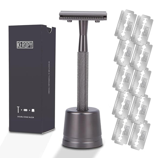 Double Edge Razor With Stand and 10 Premium Stainless Steel Blade Safety Razors For Men Shaving Razor, Matte Black Double Edge Safety Razor, Gun Black