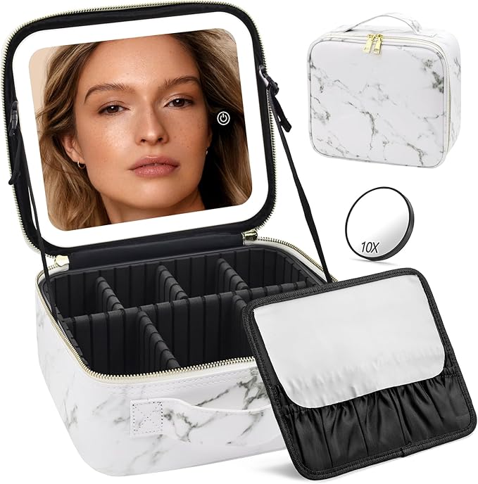 Jadazror Makeup Bag with Mirror and Light, Makeup Case with Lighted Mirror, Travel Makeup Bag with Light up Mirror 3 Color Lights, Makeup Organizer Bag with Adjustable Dividers & Brush Holder(Marble)