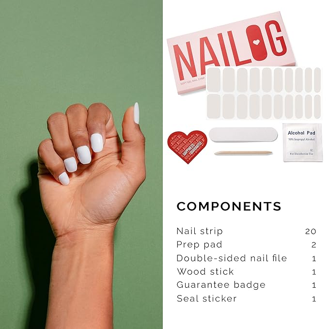 NAILOG Semi Cured Gel Nail Strips (20 Extra Long Polish Stickers/Wraps) │ Glossy & Long Lasting Soft Gel Finishing (Blanc)