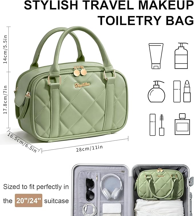 Bagstellar Travel Makeup Bag, Large Capacity Quilted Toiletry Bag for Women, Wide-open Cosmetic Bag Make Up Case Organizer Portable Pouch w/Handle & Brush Holder for Traveling Accessories, Sage Green