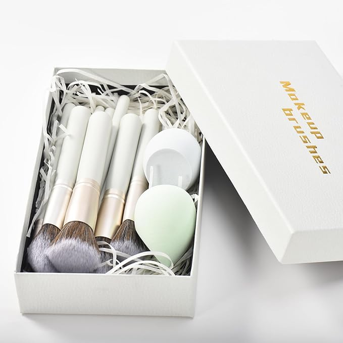 YJ-Anyue Gift Ready 10 Piece grayish green Makeup Brushs Set and 2 Piece Makeup Sponge – Wooden Handle with Soft Synthetic Bristles, Concealer, Powder – (Ideal for Christmas, Birthday, Women)