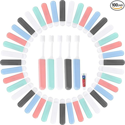 Travel Toothbrush and Toothpaste, Foldable Toothbrush and Toothpaste, Individually Packaged, Foldable for Storage, 5 Colors Available, Ideal for Travel, Business Trips, and Hotels (100-PACK)