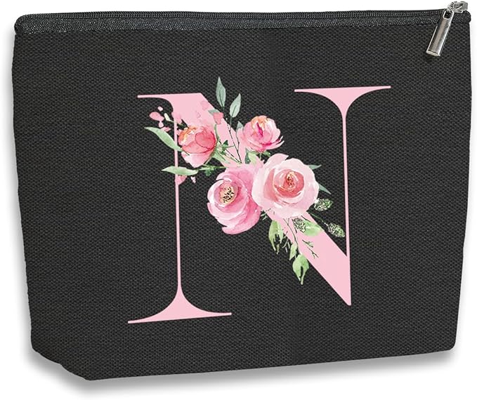 kdxpbpz A-Z Personalized Cosmetic Bag Monogrammed Makeup Bags Bridesmaid Gifts Custom Toiletry Pouch Gifts for Women Mom Best Friend Sister Bride Bridesmaid (N)