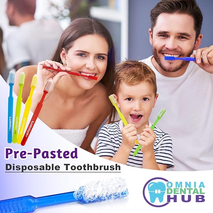 Omnia Disposable Pre-Pasted Toothbrushes | 200 Pcs Individually Wrapped Pre Pasted Toothbrush | Single Use Waterless Tooth Brush for Hotel, Camping, Homeless Gift | Multi Color