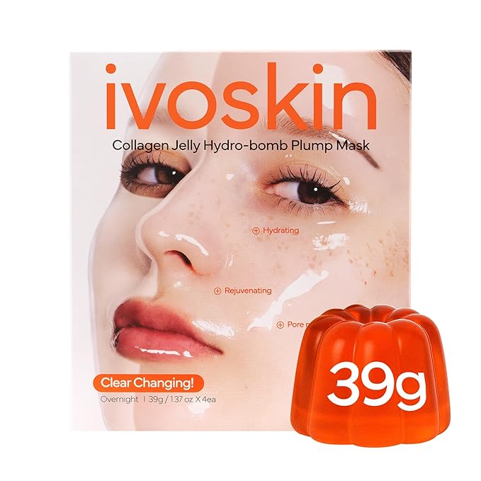 IVOSKIN Collagen Jelly Hydro-bomb Plump Mask, Hydrating 39g x 4ea Real Collagen Mask, Firming and Moisturizing for Glow Skin, Collagen Water over 670,000 ppm