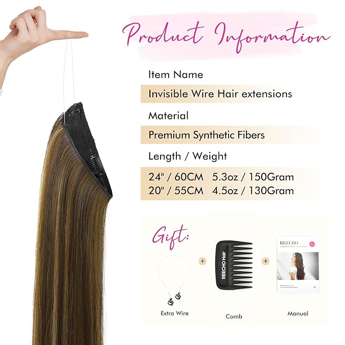 REECHO Invisible Wire Hair Extensions with Transparent Headband Adjustable Size Removable Secure Clips in Straight Secret Hairpiece for Women (24 Inch (Pack of 1), Dark Brown with Highlights)