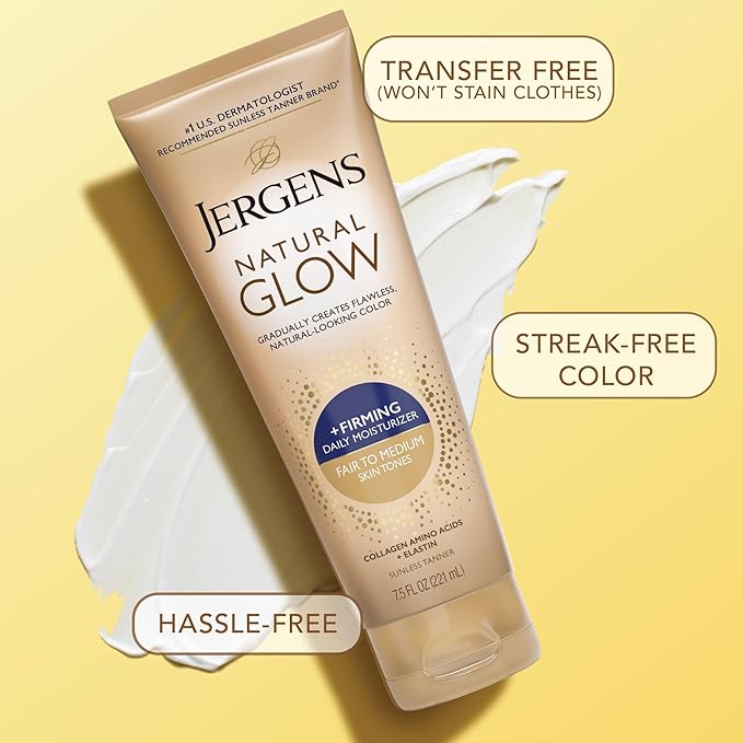 Jergens Natural Glow +Firming Self Tanner Body Lotion, Fair to Medium Skin Tone, Sunless Tanning Moisturizer with Collagen and Elastin. Helps to Visibly Reduce Cellulite, 7.5 Fl Oz