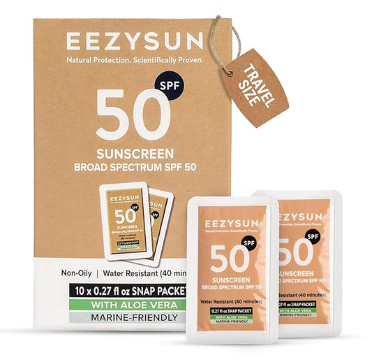 Mineral SPF 50 Travel Size Sunscreen Snap Packets 10pk - Infused with Aloe Vera - Vegan & Reef-Safe - Broad Spectrum - Non-Oily & Natural with UVA/UVB Protection, 0.27 FL OZ per packet