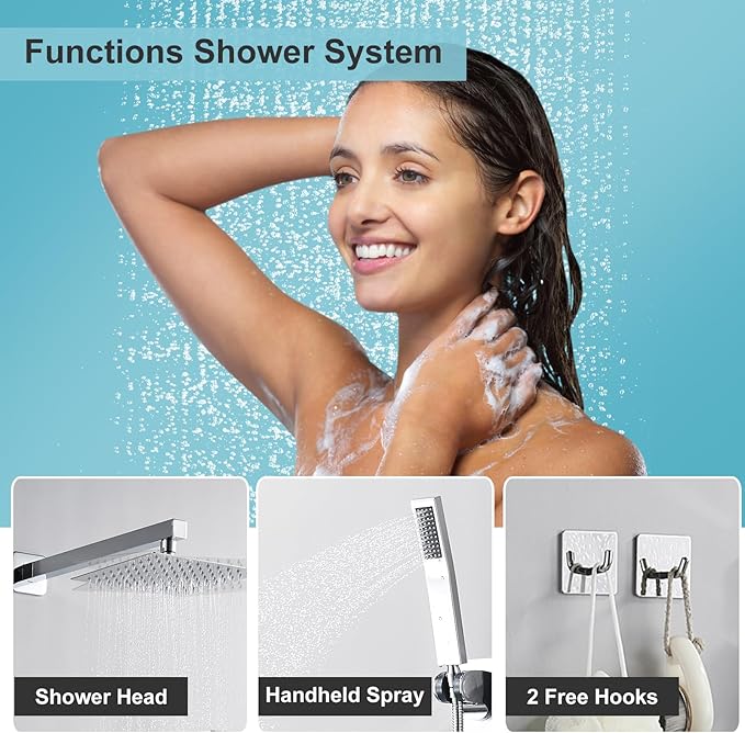RTTWYYUU Chrome Shower System 8 Inch, Rain Shower Head with Handheld Spray, Luxury Rain Shower Set Square Wall Mount for Bathroom with Rain Shower and Handheld Shower System