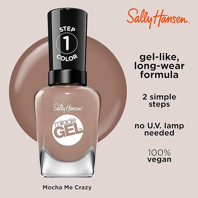 Sally Hansen Miracle Gel Salon Quality Nail Polish | Gel-Like Formula, Two-Step System, No UV Light Needed, Long Lasting | Opaque, Glossy | 212 Mocha Me Crazy | Rich Crème Brown Nail Polish