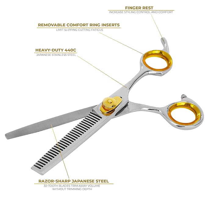 SHARF Gold Touch Barber 6.5 Inch, 30-Tooth, Professional Thinning Shears 440c Japanese Stainless Steel Barber Scissors for Men and Women