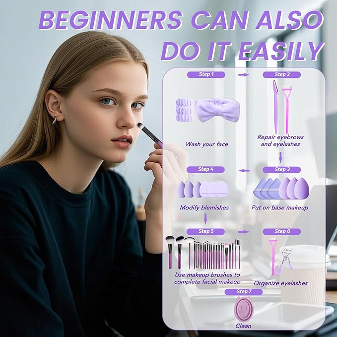GZIXBDA Makeup Brush Set, 49Pcs Makeup Tool Set Premium Synthetic Foundation Concealers Powder Eye Shadows Makeup Brushes Kit for for Beginner Professional, Purple