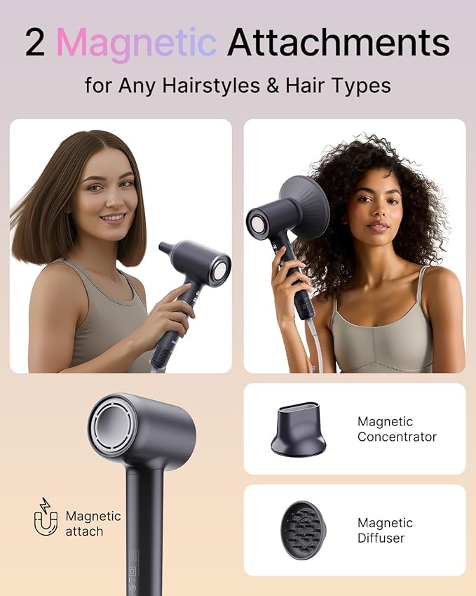 Professional Bio-Ionic Hair Dryer for Women - Fast Drying & Static Control Blow Dryer with Diffuser & Concentrator, cUL Certified, Lightweight Travel-Friendly Design, Complete Styling Tool Set