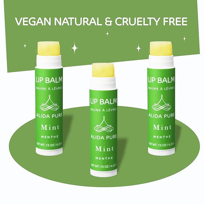 ALIDA PURE Mint Lip Balm Collection, Vegan Set, Beeswax Free, with Organic Jojoba and Avocado Oil, Vitamin E, Natural Moisturizer for Dry, Chapped Lips, 3 Tube Set