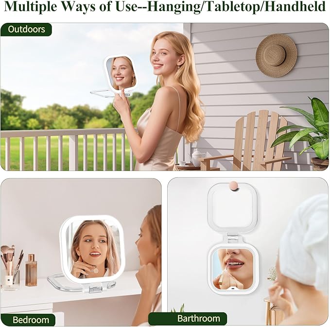 FUNTOUCH 30X Magnification Lighted Makeup Mirror, 7" Rechargeable Double Sided Travel Vanity Mirror with Lights, 3 Color Lights & Adjustable Brightness, 300°Rotation, Gift for Women,White