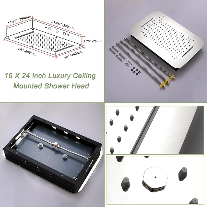 KATAIS Polished Chrome 16X24 inch Ceiling Mounted Shower Head Set(Rain&Waterfall&Mist 3 Modes), Digital Display Shower System with 6 PCS Body Jet and Handheld Spray