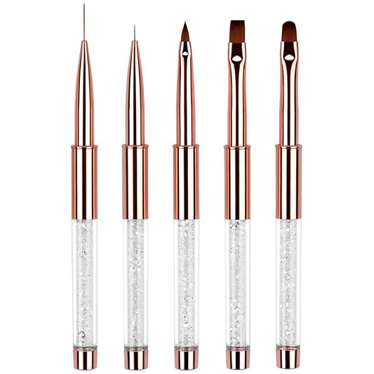 5pc Nail Art Brush Set - Rose Gold Rhinestone Handles with Gel Polish, Liner, Drawing Brushes for Salon & DIY Manicure