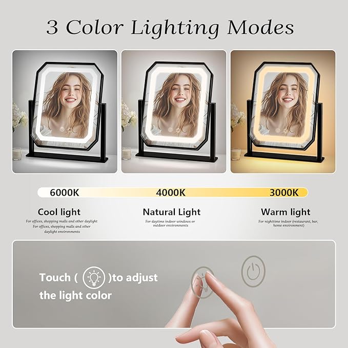 Lighted Makeup Mirror, 3 Colors for Precise Application, Touch Control Brightness Adjustment for Easy Use, with a Detachable 10x Magnifying Mirror, 12“ x 10” Hollywood Vanity Mirror for Plug-in Use