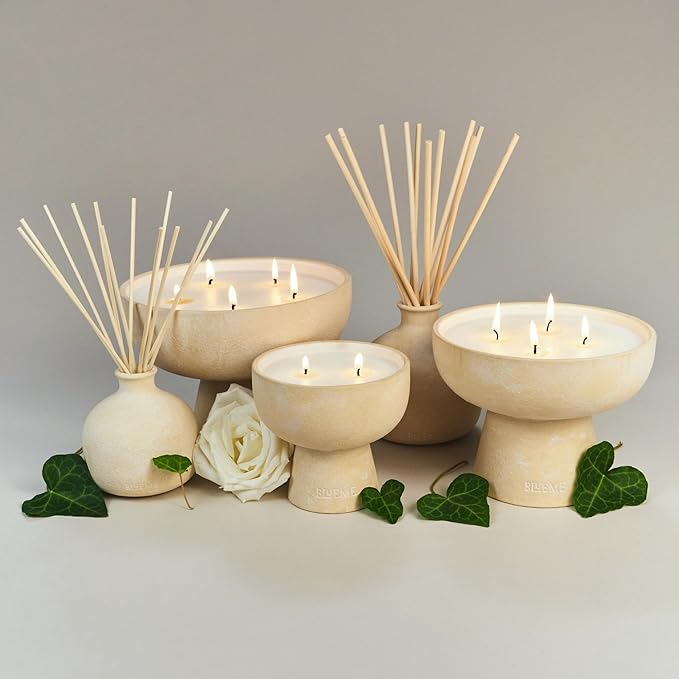 Blueme Renew Candle | Ivy & Rose | 2 Wick - Refillable Wellness Candle with Essential Oils, Hand Finished & Poured Soy Wax Blend Ceramic Vessel, Natural Cotton Wicks | Medium 12 oz