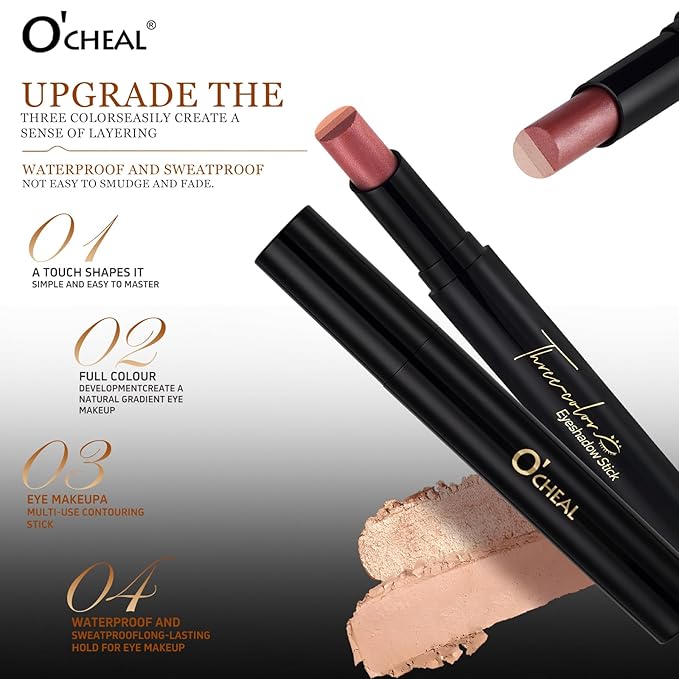 O'CHEAL Three Color Gradient Eyeshadow Stick Matte Shimmer Waterproof Long-lasting Crease-proof & easy to apply, suitable for dailymakeup touch-ups，Eye shadow pen for Make Up 04#Fine Glitter Roses