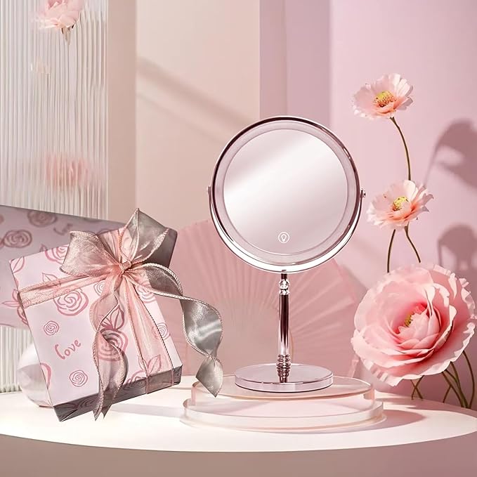 Makeup Mirror with Lights ，8 Inch 1X/10X Rechargeable Double Sided Magnifying, 360° Rotation LED HD Mirror with 3 Colors，Brightness Adjustable, Gifts for Wowen & Men