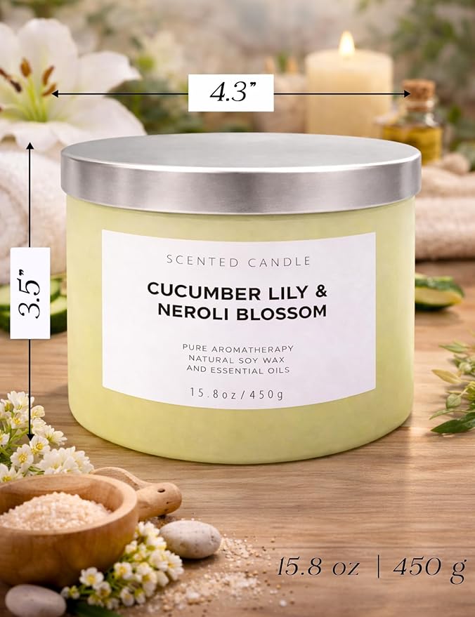 Cucumber Lily & Neroli Orange Blossom 3-Wick Soy Scented Candle, 15.8 oz | Spa Fresh Aromatherapy Candle | Large Scented Candle for Home, Long Lasting & Clean Burning