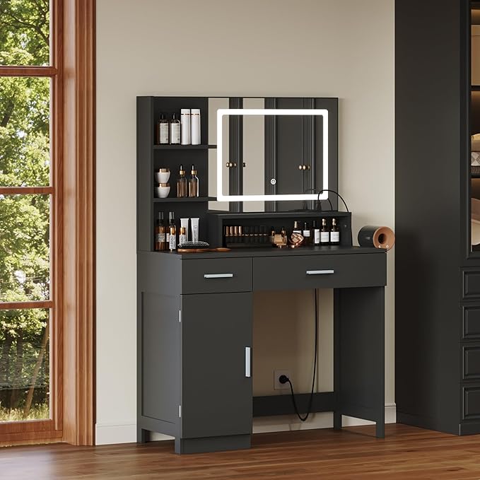 Vanity Desk with LED Mirror and Lights, Makeup Vanity Table with Power Outlet, Drawers, Cabinet, Dressing Table with Open Storage Shelves for Bedroom, Dressing Room, Black