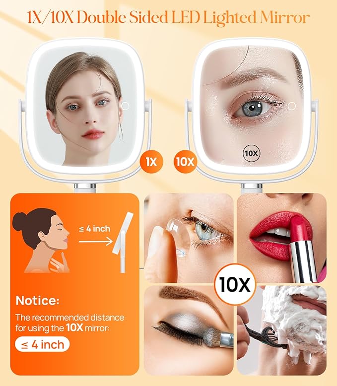 Gospire Lighted Makeup Mirror with Lights and Magnification 1X/10X, Tray Base and Height Adjustable for Desk, 4000mAh Rechargeable Battery, 3 Color Lights＆Memory Function for Bedroom - White